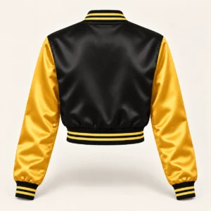 Women’s Cropped Black & Gold Satin Varsity Jacket — back view