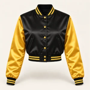 Women’s Cropped Black & Gold Satin Varsity Jacket — front view