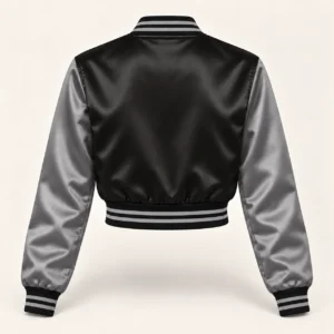 Women’s Cropped Black & Grey Satin Varsity Jacket — back view