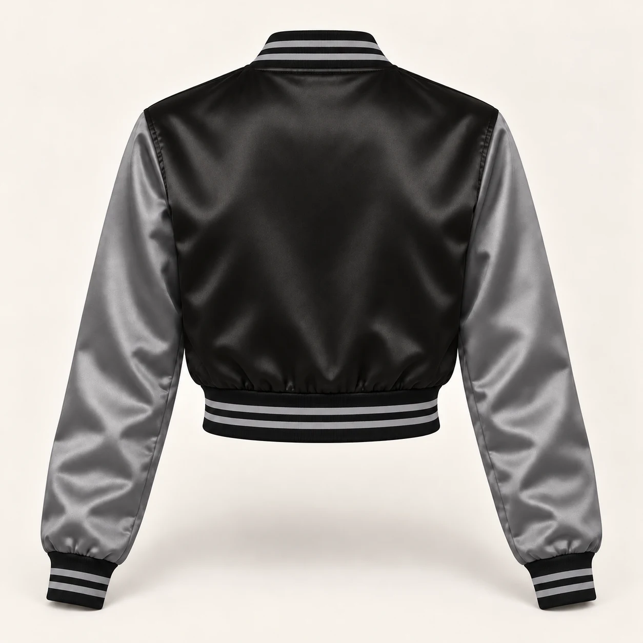 Women’s Cropped Black & Grey Satin Varsity Jacket — back view