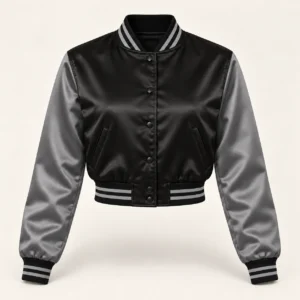 Women’s Cropped Black & Grey Satin Varsity Jacket — front view
