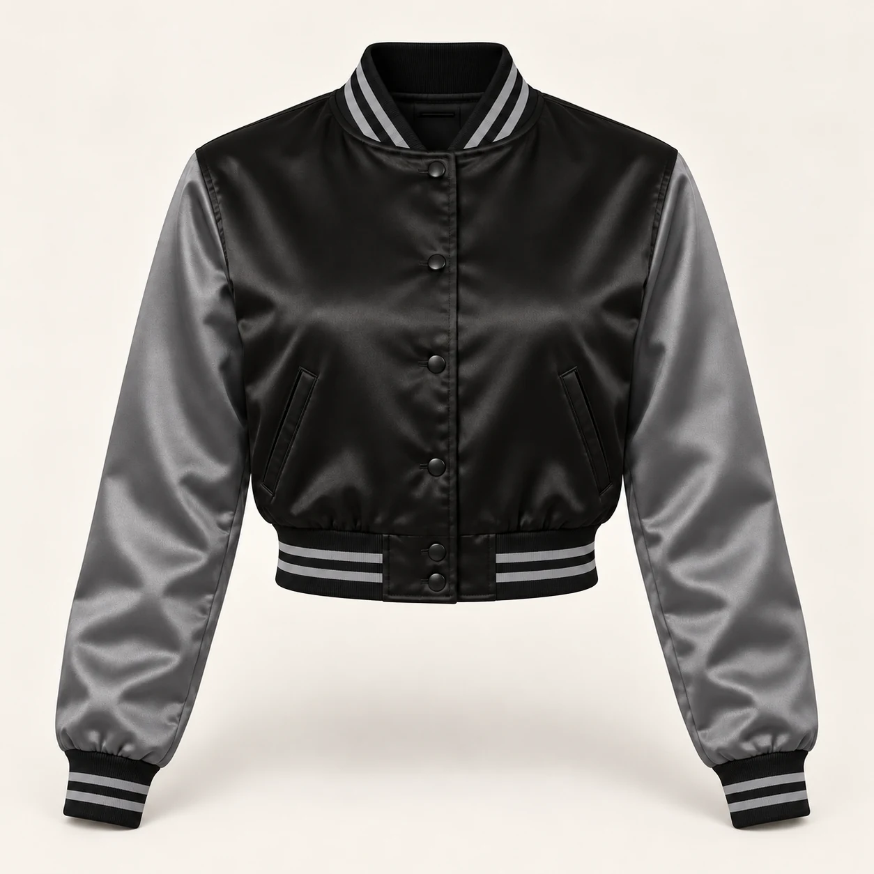 Women’s Cropped Black & Grey Satin Varsity Jacket — front view