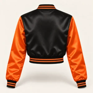 Women’s Cropped Black & Orange Satin Varsity Jacket — back view