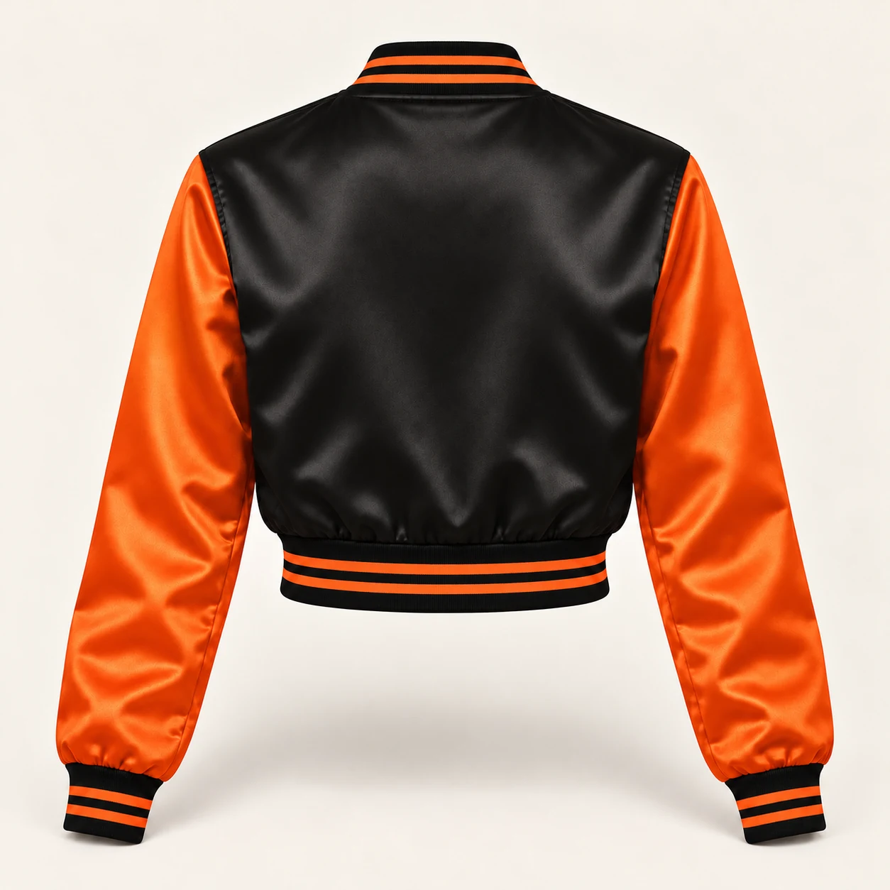 Women’s Cropped Black & Orange Satin Varsity Jacket — back view