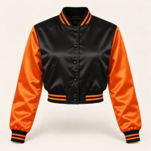 Women’s Cropped Black & Orange Satin Varsity Jacket — front view