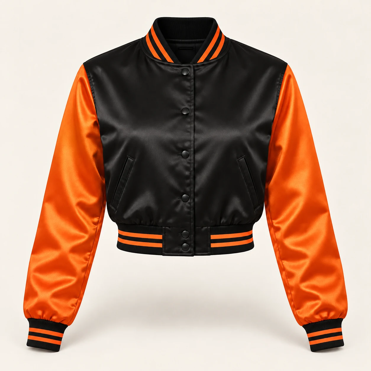 Women’s Cropped Black & Orange Satin Varsity Jacket — front view
