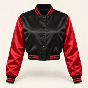 Women’s Cropped Black & Red Two-Tone Satin Varsity Jacket — front view