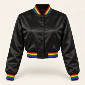 Women’s Cropped Black Satin Varsity Jacket – Rainbow Trim — front view