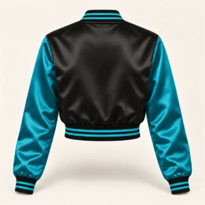 Women’s Cropped Black & Teal Satin Varsity Jacket — back view