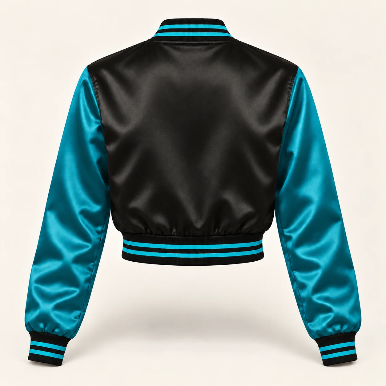 Women’s Cropped Black & Teal Satin Varsity Jacket — back view