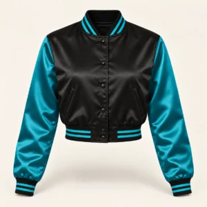 Women’s Cropped Black & Teal Satin Varsity Jacket — front view