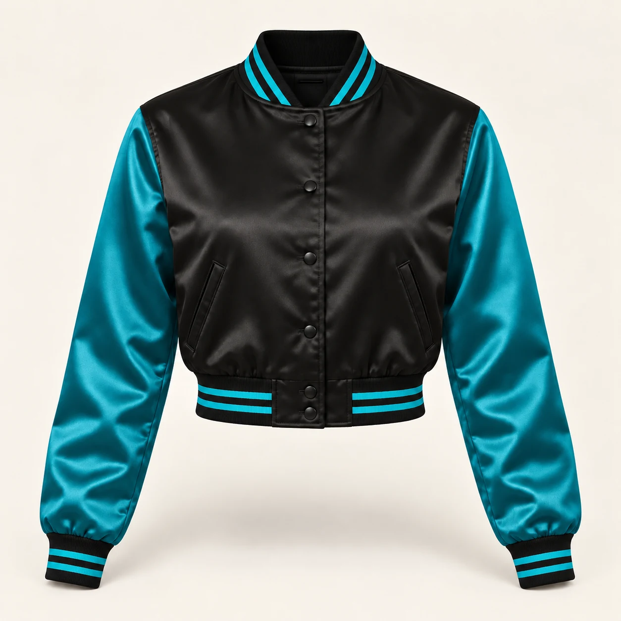 Women’s Cropped Black & Teal Satin Varsity Jacket — front view
