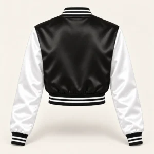 Women’s Cropped Black & White Satin Varsity Jacket — back view