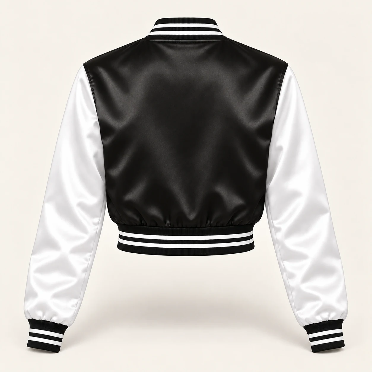 Women’s Cropped Black & White Satin Varsity Jacket — back view