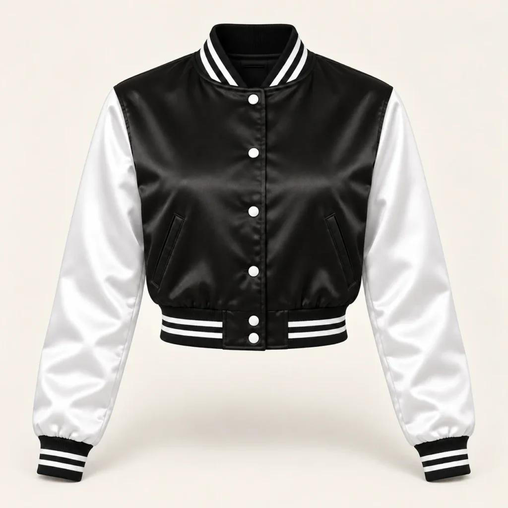 Black and white cropped satin varsity jacket, front view