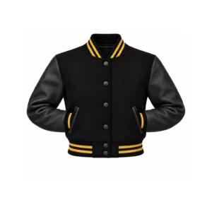 Women's Cropped Black Wool/Black Leather Varsity Jacket – Gold Trim with both sleeve cuffs inserted into outer pockets