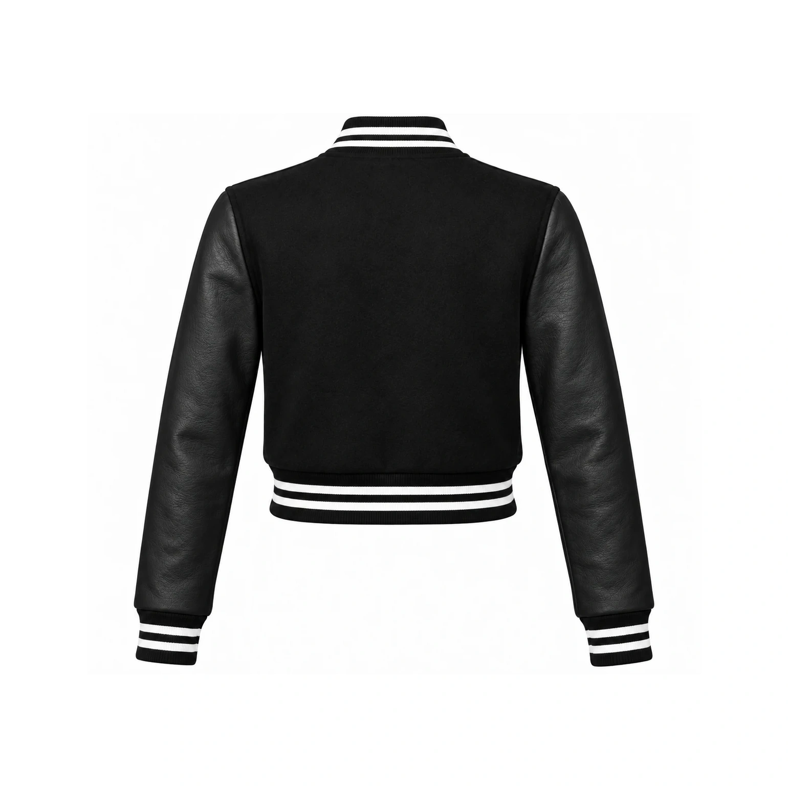 Back view of Women's Cropped Black Wool/Black Leather Varsity Jacket – White Trim