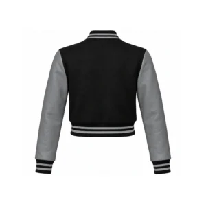 Back view of Women's Cropped Black Wool/Grey Leather Varsity Jacket
