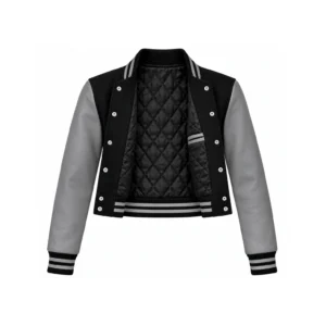 Open Women's Cropped Black Wool/Grey Leather Varsity Jacket showing black quilted lining, one left double-welt pocket and steel snap backs