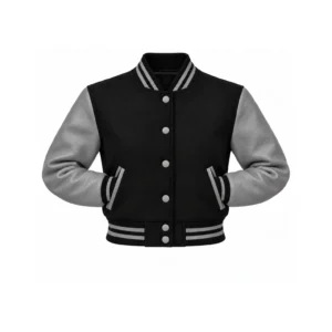 Women's Cropped Black Wool/Grey Leather Varsity Jacket with both sleeve cuffs inserted into outer pockets