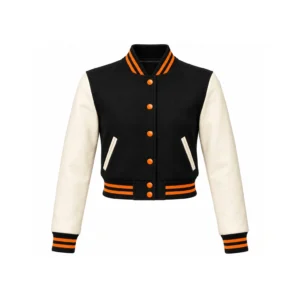 Front view of Women's Cropped Black Wool/Natural Cream Leather Varsity Jacket – Orange Trim