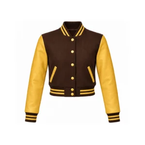 Front view of Women's Cropped Brown Wool/Gold Leather Varsity Jacket