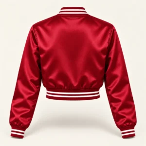 Women’s Cropped Cardinal Red Satin Varsity Jacket – White Stripe Trim — back view