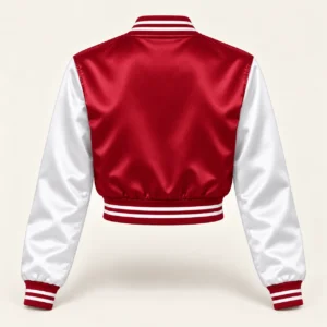 Women’s Cropped Cardinal & White Satin Varsity Jacket — back view