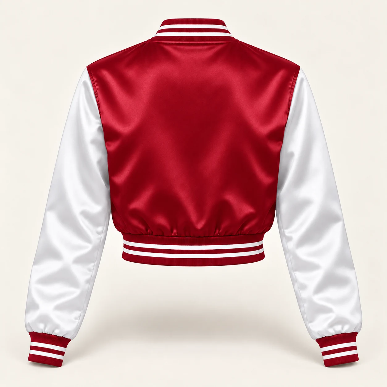 Women’s Cropped Cardinal & White Satin Varsity Jacket — back view