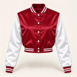 Women’s Cropped Cardinal & White Satin Varsity Jacket — front view