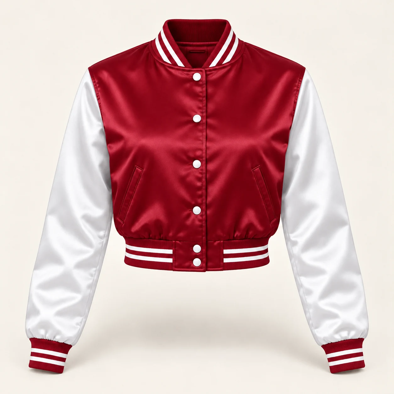 Women’s Cropped Cardinal & White Satin Varsity Jacket — front view