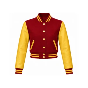 Front view of Women's Cropped Cardinal Wool/Gold Leather Varsity Jacket