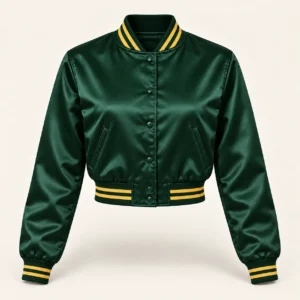 Women’s Cropped Forest Green Satin Varsity Jacket – Gold Stripe Trim — front view