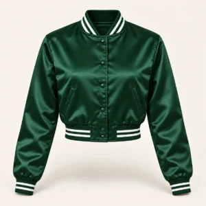 Women’s Cropped Forest Green Satin Varsity Jacket – White Stripe Trim — front view