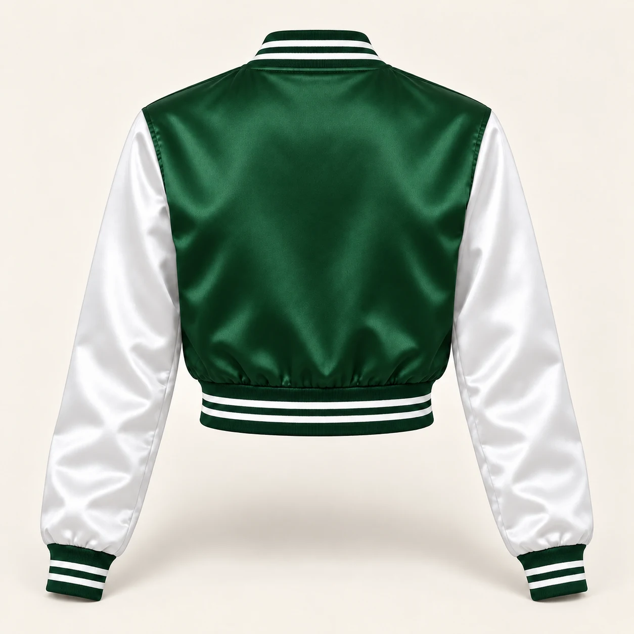 Women’s Cropped Forest Green & White Satin Varsity Jacket — back view