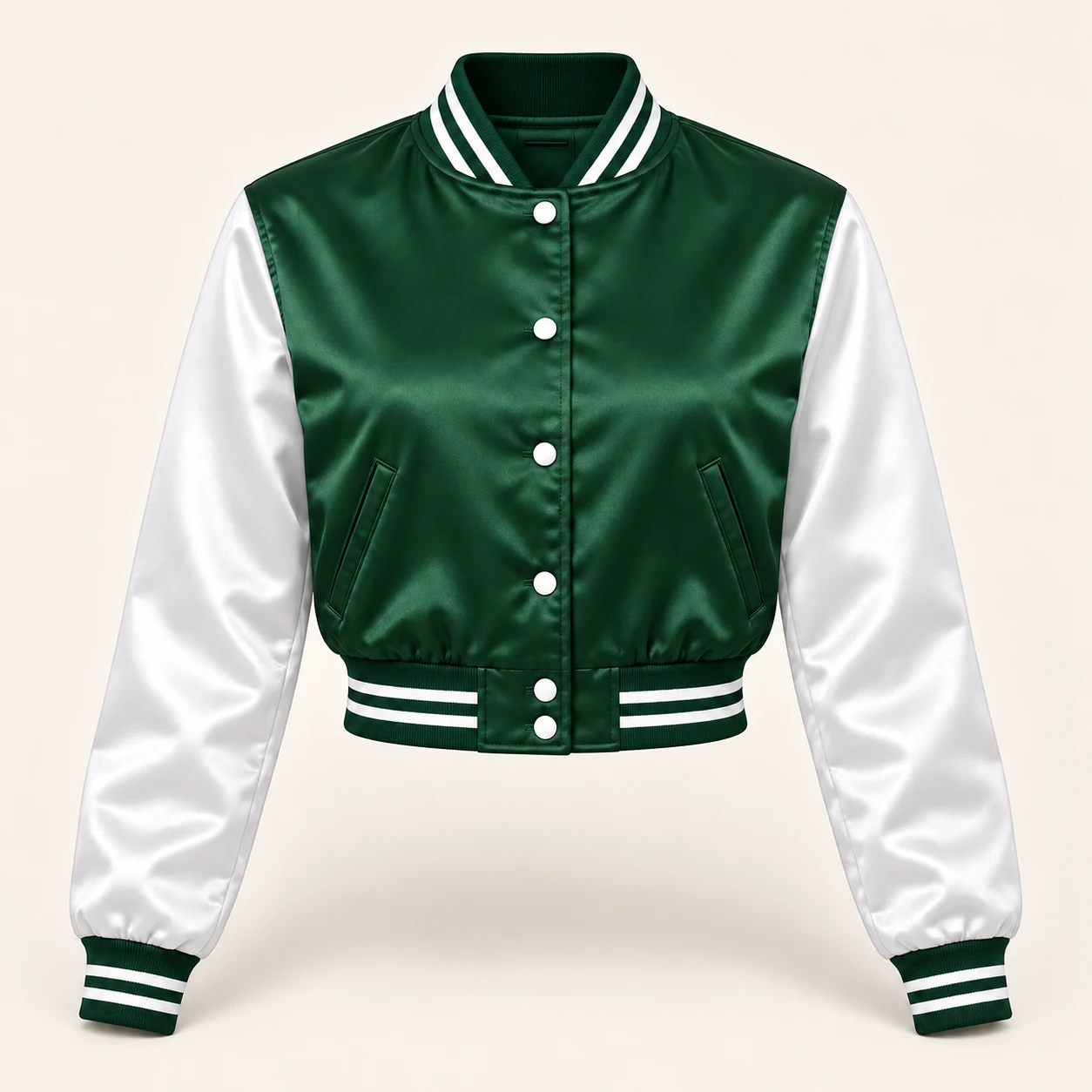 Women’s Cropped Forest Green & White Satin Varsity Jacket — front view