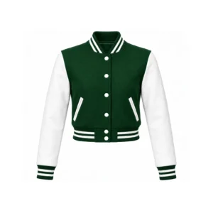 Front view of Women's Cropped Forest Green Wool/White Leather Varsity Jacket
