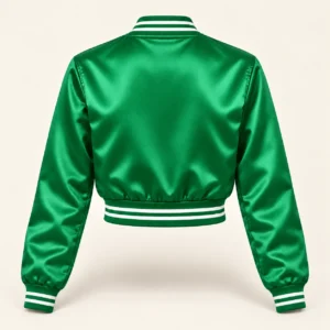 Women’s Cropped Kelly Green Satin Varsity Jacket – White Stripe Trim — back view