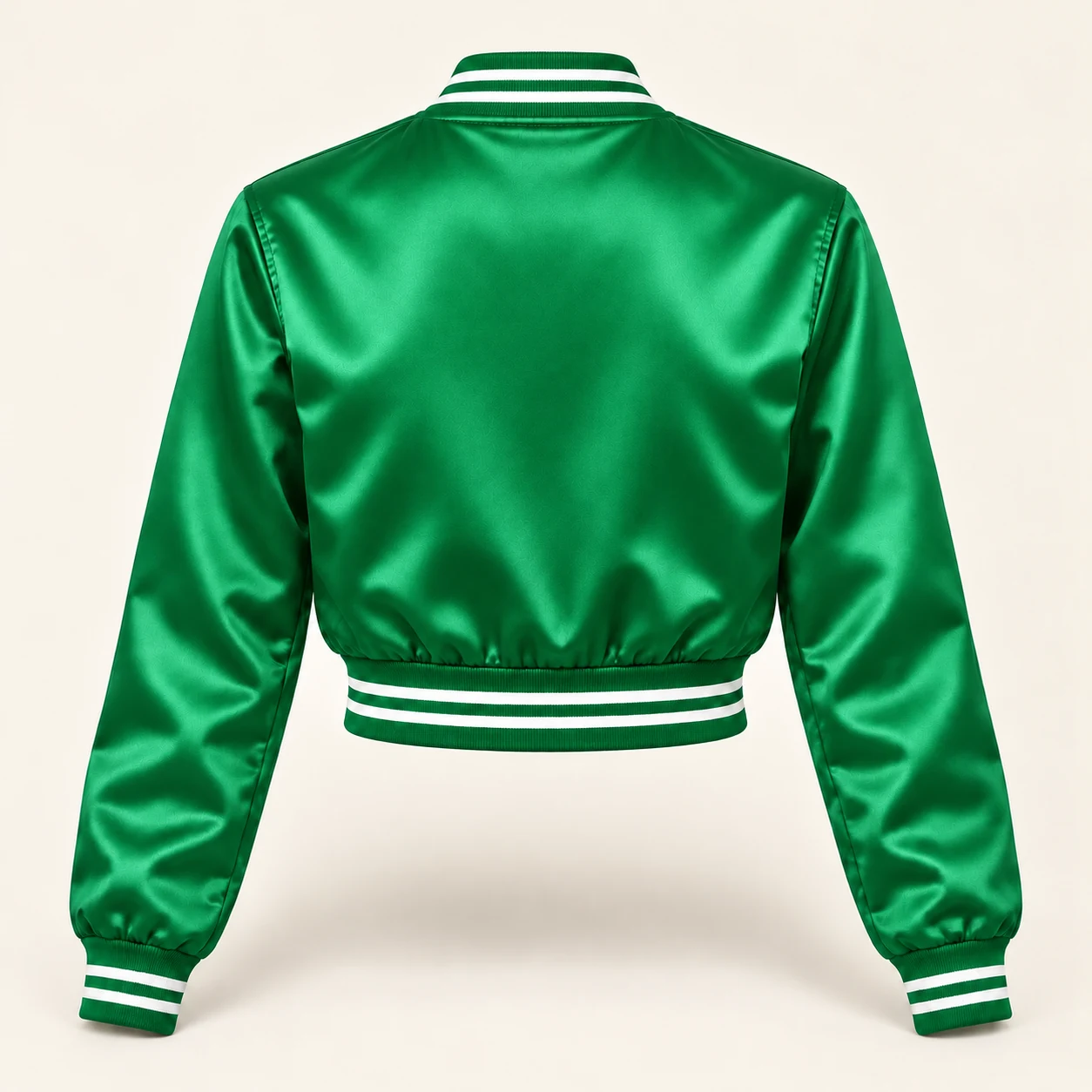 Women’s Cropped Kelly Green Satin Varsity Jacket – White Stripe Trim — back view