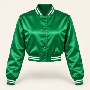 Women’s Cropped Kelly Green Satin Varsity Jacket – White Stripe Trim — front view