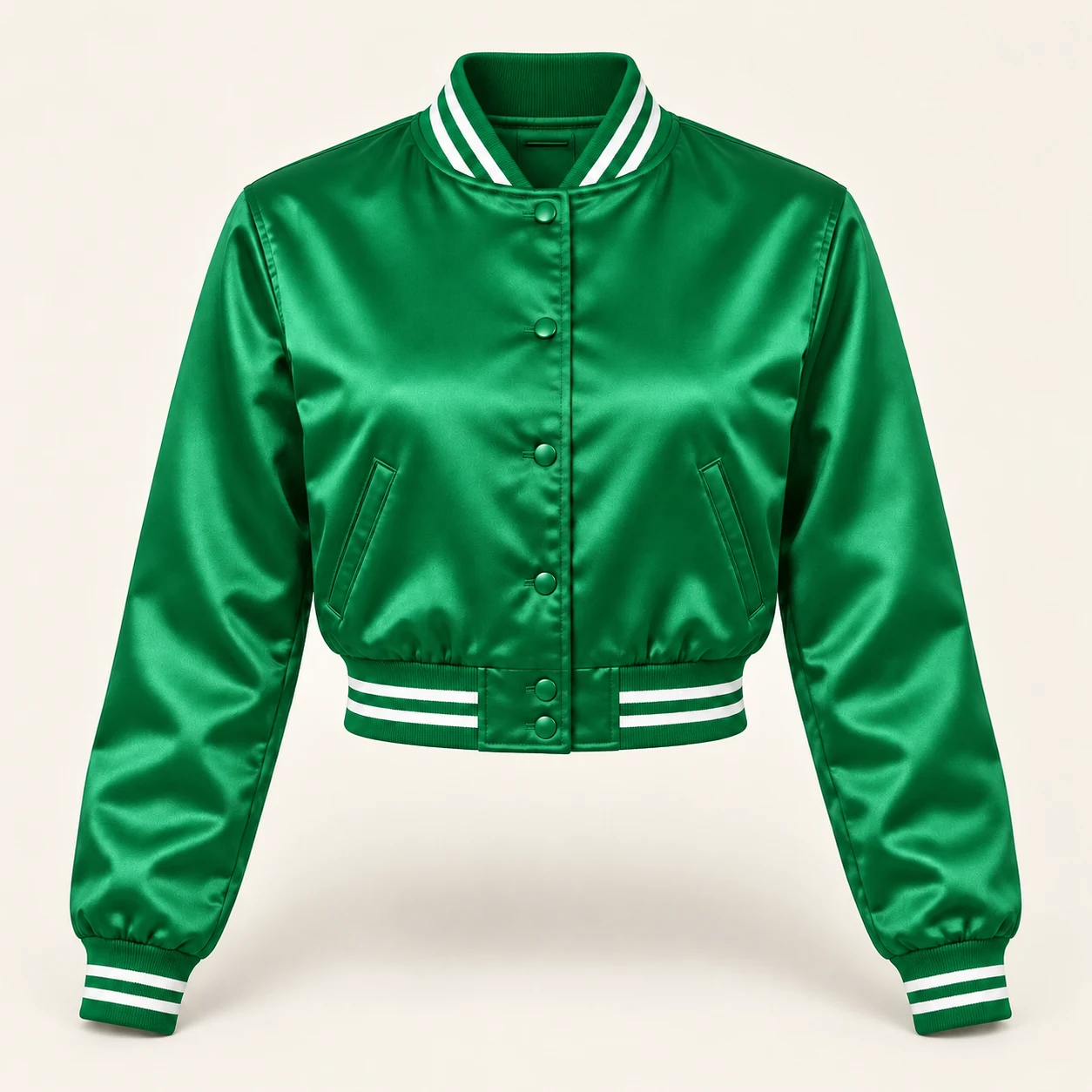 Women’s Cropped Kelly Green Satin Varsity Jacket – White Stripe Trim — front view