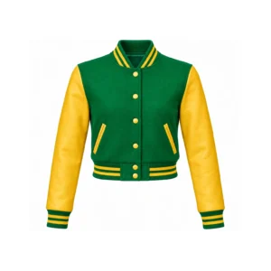 Front view of Women's Cropped Kelly Green Wool/Gold Leather Varsity Jacket