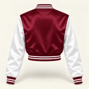 Women’s Cropped Maroon & White Satin Varsity Jacket — back view