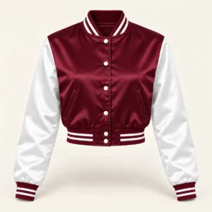 Women’s Cropped Maroon & White Satin Varsity Jacket — front view