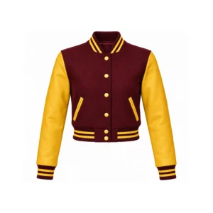 Front view of Women's Cropped Maroon Wool/Gold Leather Varsity Jacket