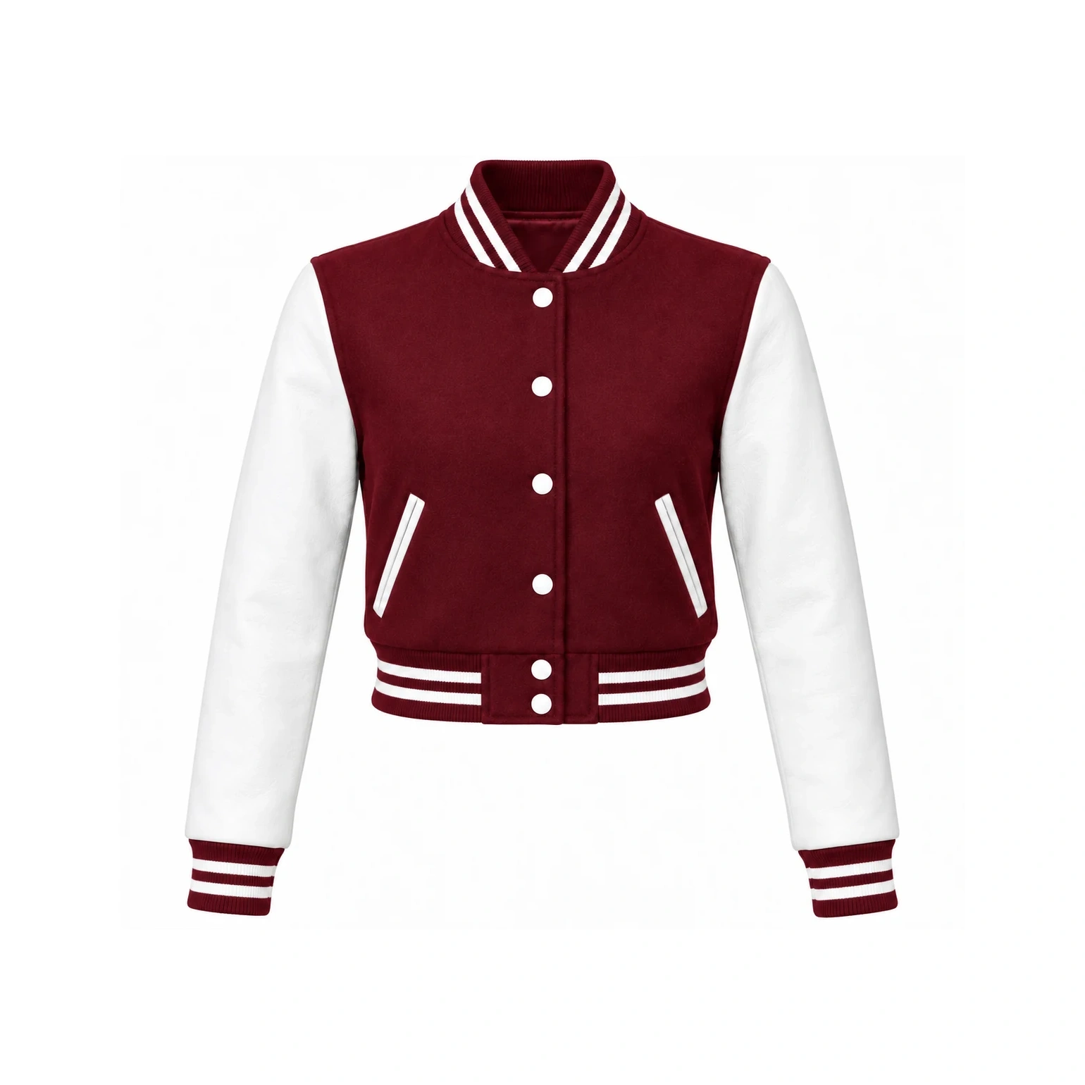 Front view of Women's Cropped Maroon Wool/White Leather Varsity Jacket
