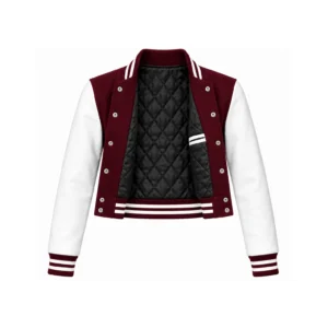 Open Women's Cropped Maroon Wool/White Leather Varsity Jacket showing black quilted lining, one left double-welt pocket and steel snap backs