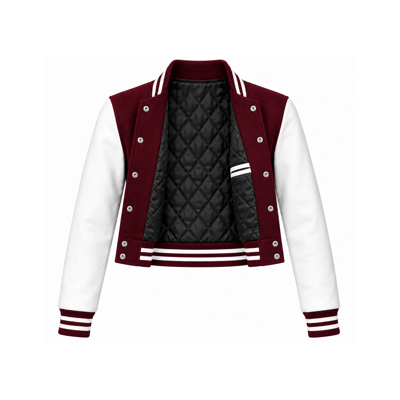 Open Women's Cropped Maroon Wool/White Leather Varsity Jacket showing black quilted lining, one left double-welt pocket and steel snap backs