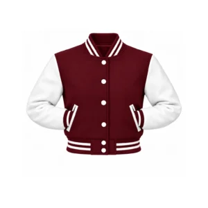 Women's Cropped Maroon Wool/White Leather Varsity Jacket with both sleeve cuffs inserted into outer pockets