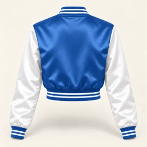 Women’s Cropped Medium Blue & White Satin Varsity Jacket — back view